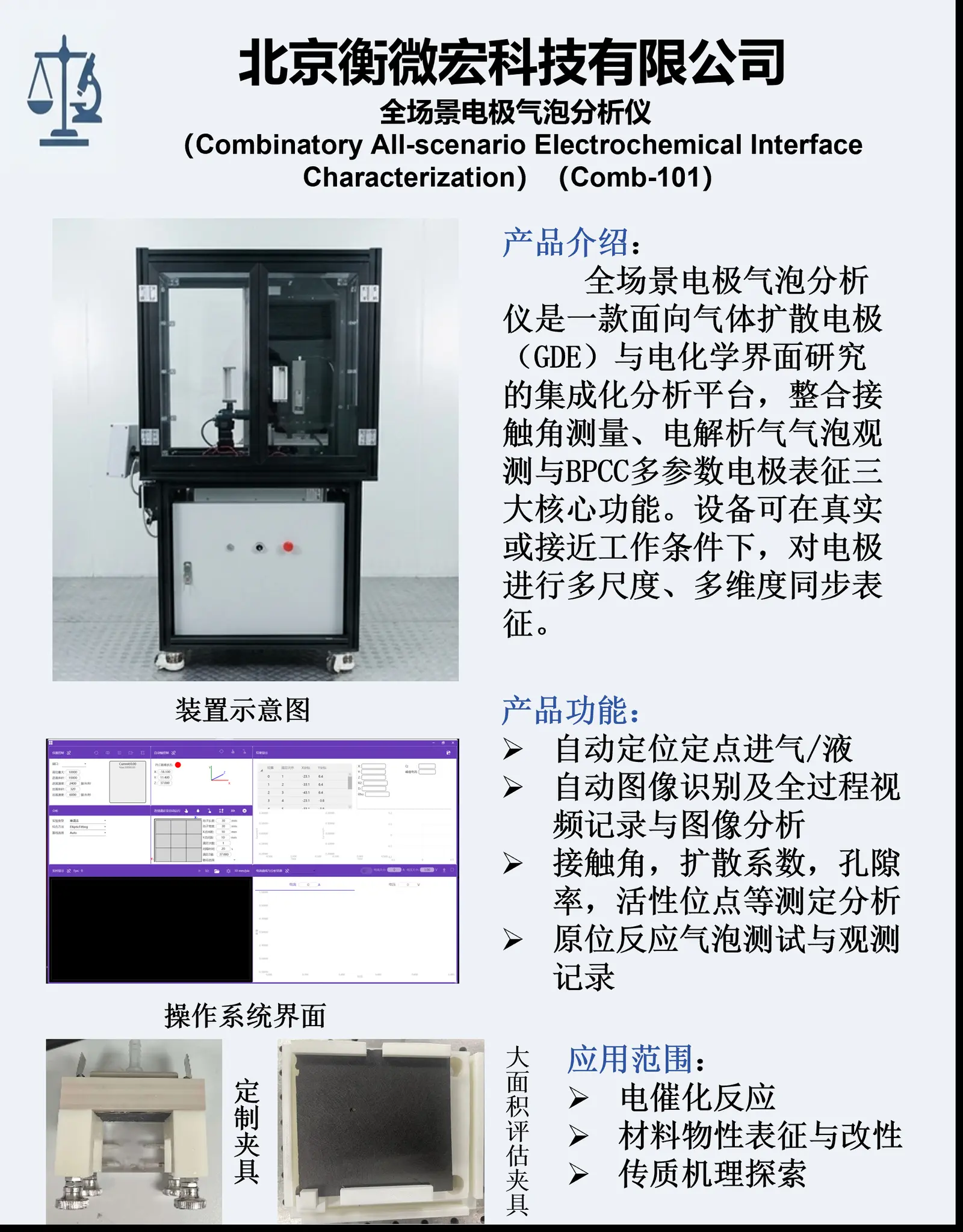 Comb-101 设备总览：接触角、析气观测与 BPCC 三条测量线集成于同一平台