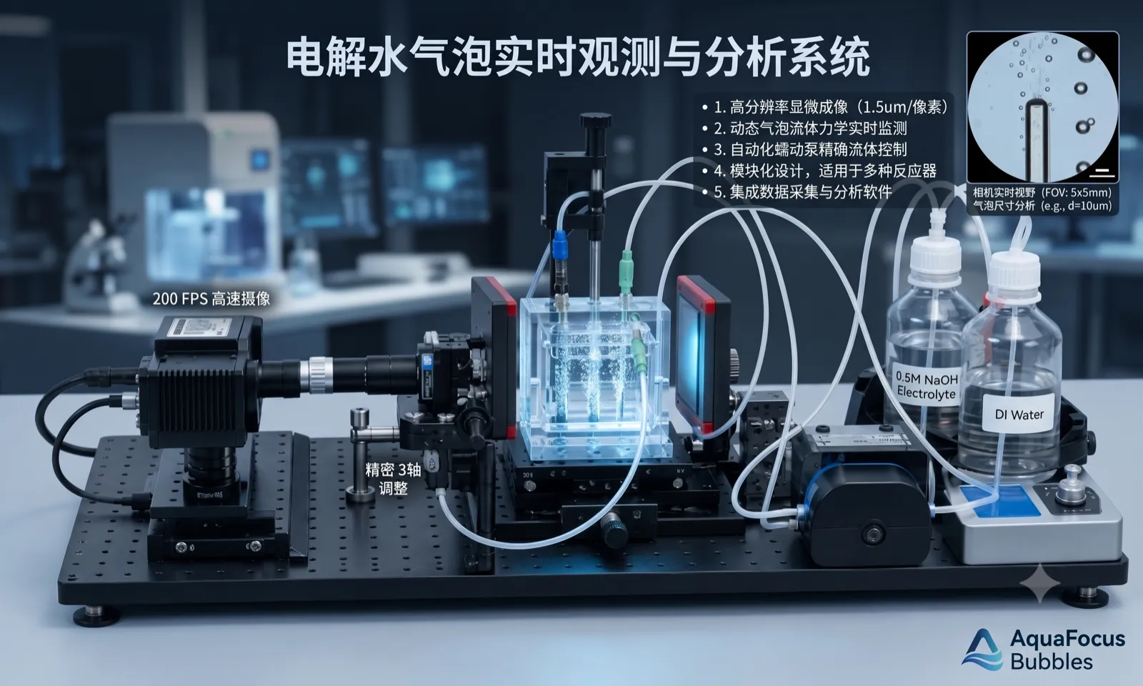 WEBA-101 电解水气泡实时观测与分析系统:高速摄像、精密三轴调整与流体控制